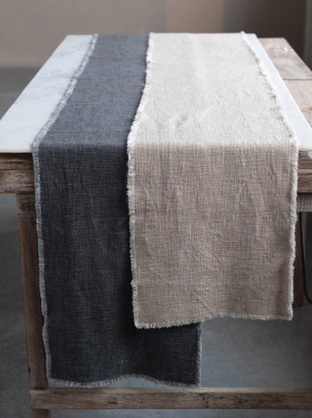 LINEN BLEND TABLE RUNNER WITH FRAYED EDGES