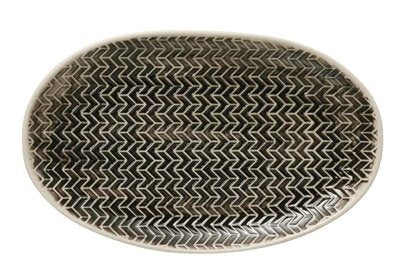 HANDED STAMPED STONEWARE OVAL BREAD PLATE, 4 STYLES Dining-Kitchenware Creative Coop Herringbone  