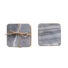 SQUARE MARBLE COASTERS, GREY W/ GOLD EDGE, SET OF 4 Dining-Kitchenware Creative Coop   
