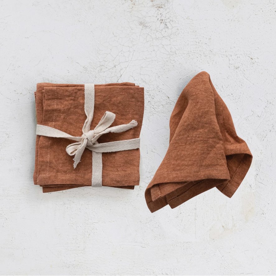 STONEWASHED LINEN COCKTAIL NAPKINS,  SET OF 4 Dining-Kitchenware Creative Coop Rust  