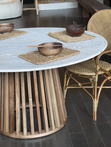WALNUT BASE TABLE WITH TOP IN TRAVERTIN Dining-Kitchenware Pepin Boho collab