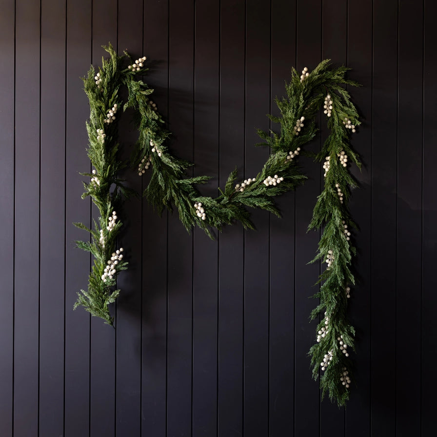 Norfolk Cypress Garland with White Plums and Frosted Berries - 15 ft LUXE B