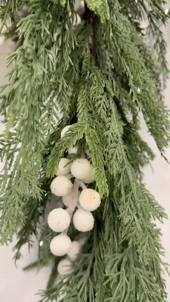 Norfolk Cypress Garland with White Plums and Frosted Berries - 15 ft LUXE B