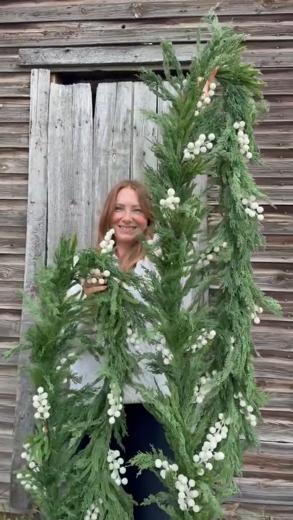 Norfolk Cypress Garland with White Plums and Frosted Berries - 15 ft LUXE B