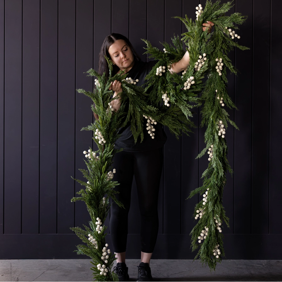 Norfolk Cypress Garland with White Plums and Frosted Berries - 15 ft LUXE B