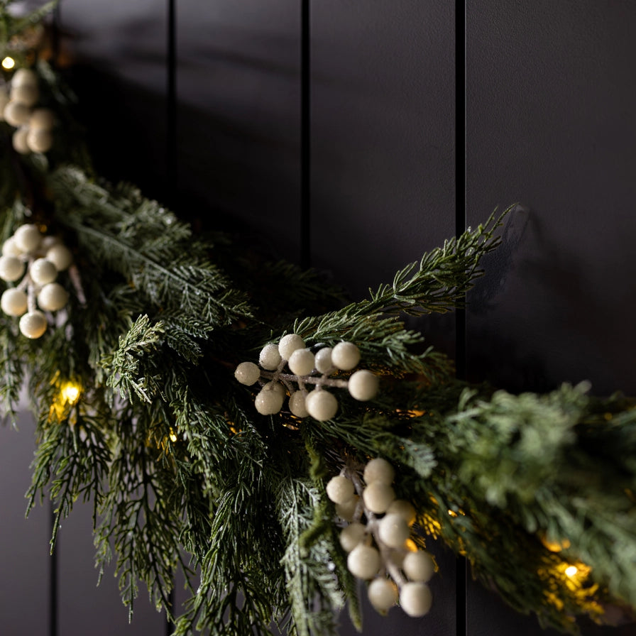 Norfolk Cypress Garland with White Plums and Frosted Berries - 15 ft LUXE B