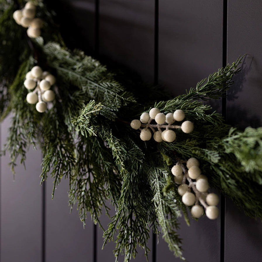 Norfolk Cypress Garland with White Plums and Frosted Berries - 15 ft LUXE B