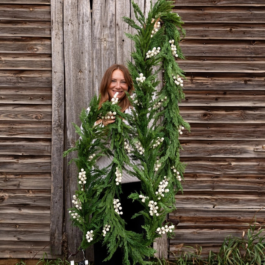 Norfolk Cypress Garland with White Plums and Frosted Berries - 15 ft LUXE B