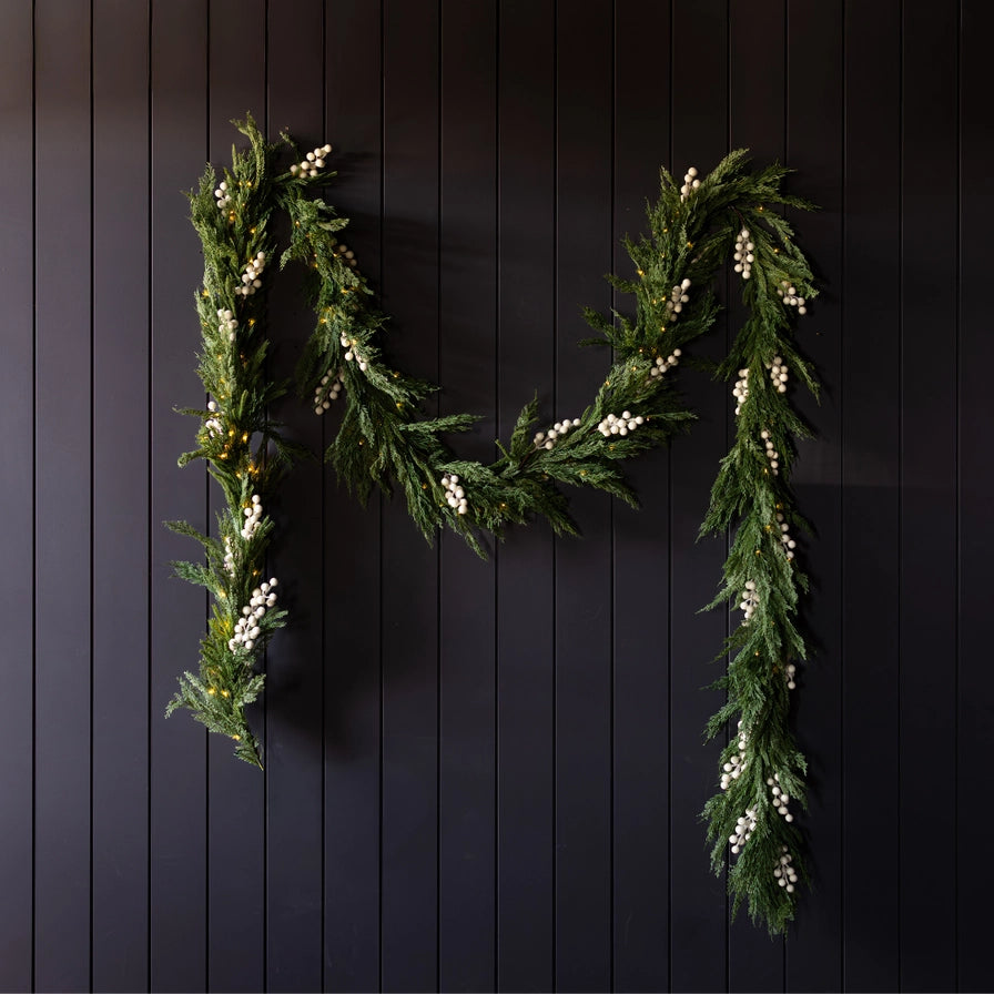 Norfolk Cypress Garland with White Plums and Frosted Berries - 15 ft LUXE B