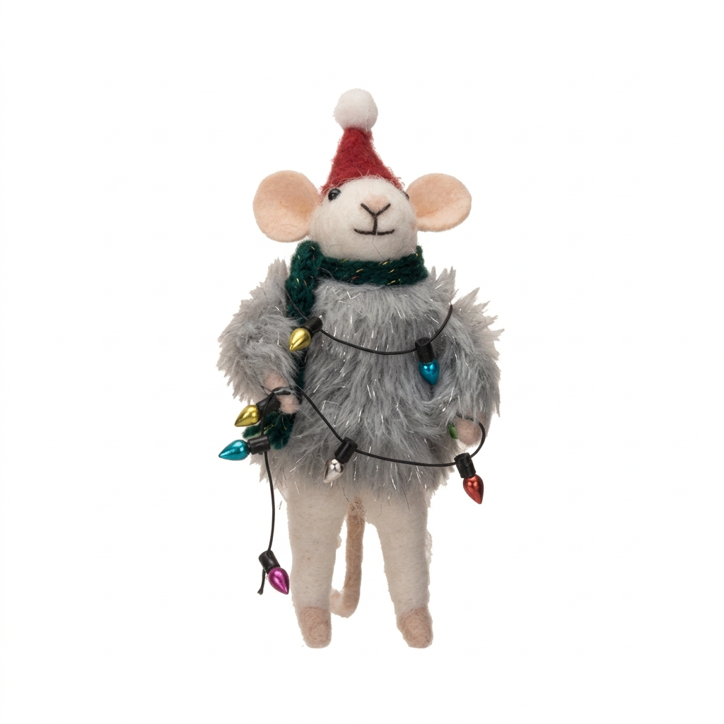 Wool Felt Mouse w Faux Fur Sweater - XS6636A Christmas Decoration Creative Coop