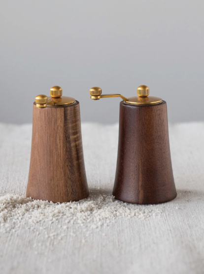 ACADIA WOOD AND GOLD STAINLESS SALT & PEPPER, SET OF 2