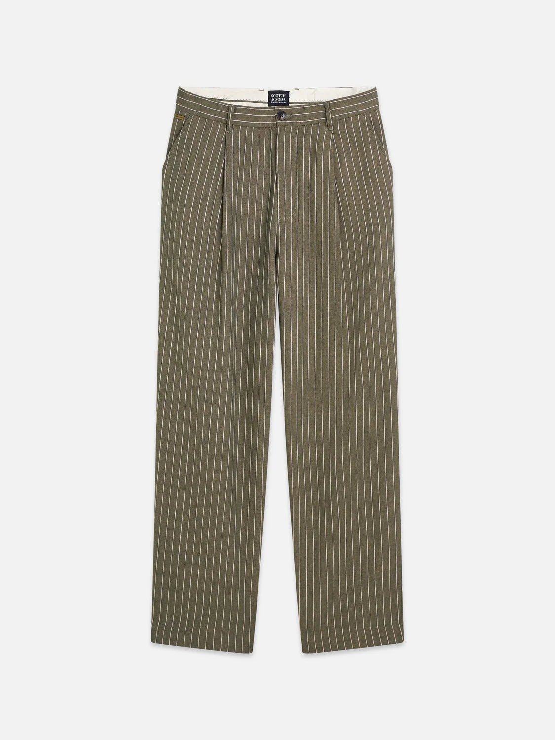 Pleated Pinstriped Cotton-Linen Loose Straight-Fit Chino Men Trousers Scotch Soda Homme