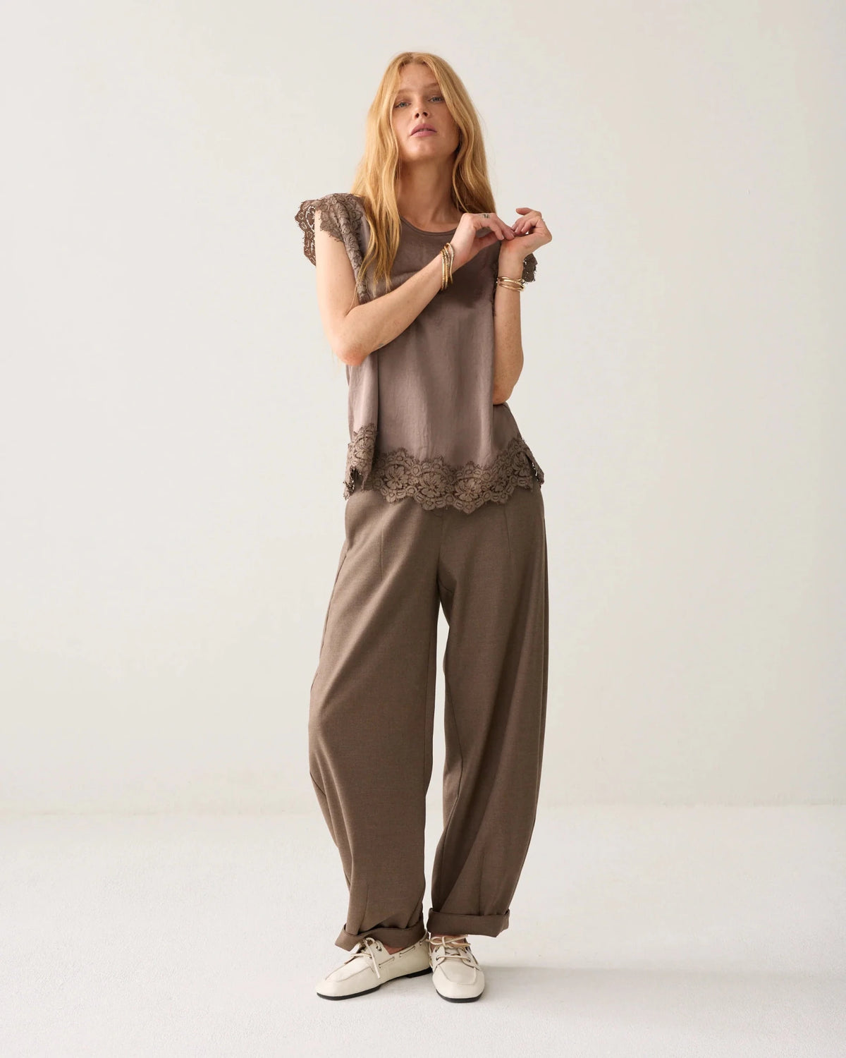 Sleeveless top with lace Woman SUMMUM 36 Taupe