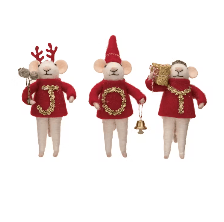WOOL FELT ORNAMENT MOUSE WITH SWEATER JOY Gift Ideas Creative Coop