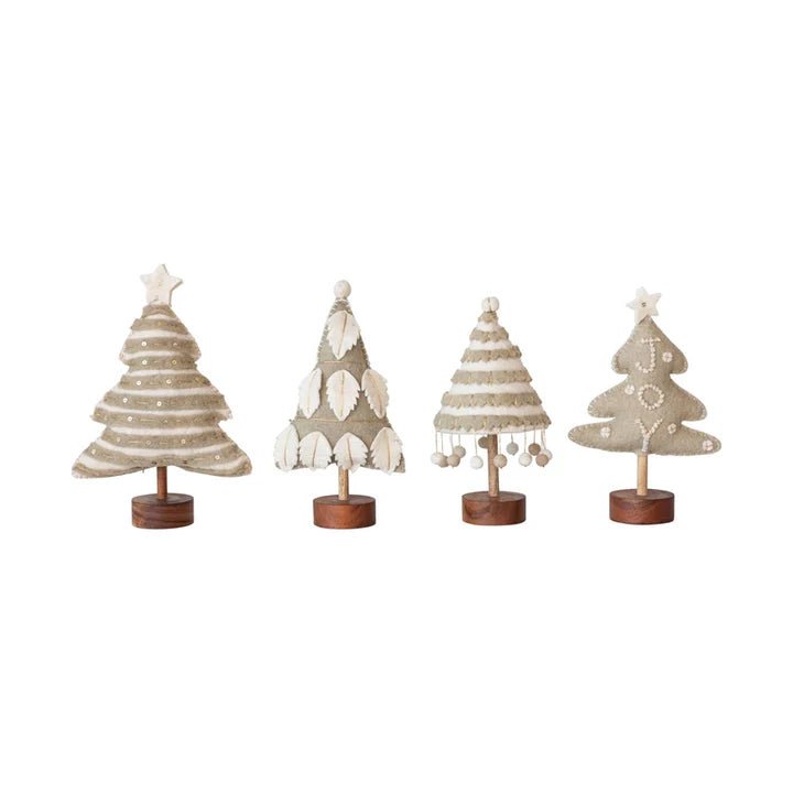 WOOL FELT TREE WITH EMBROIDERY AND WOOD BASE IN GREY & CREAM Gift Ideas Creative Coop   
