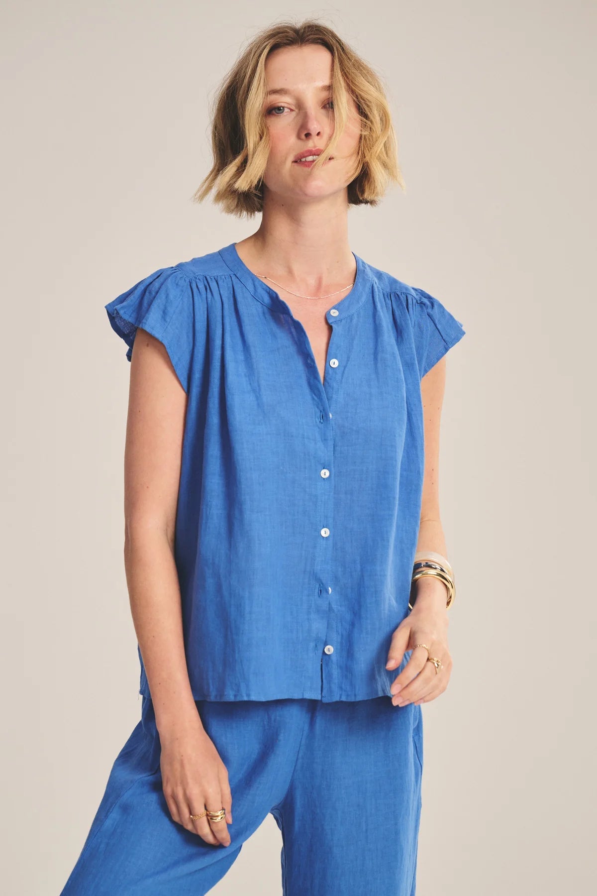 WOVEN LINEN TOP 2 VELVET CHALK S