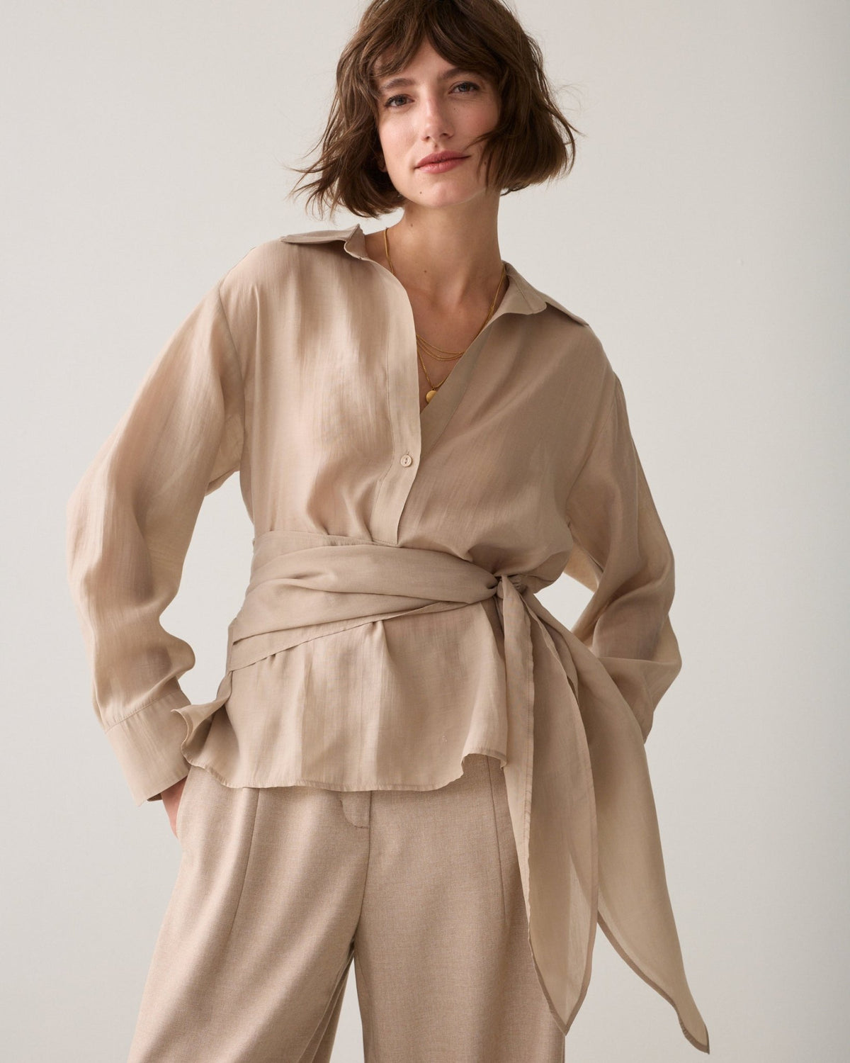 Wrap Top in Lyocell Blend Woman SUMMUM 40 LIGHT-TAUPE