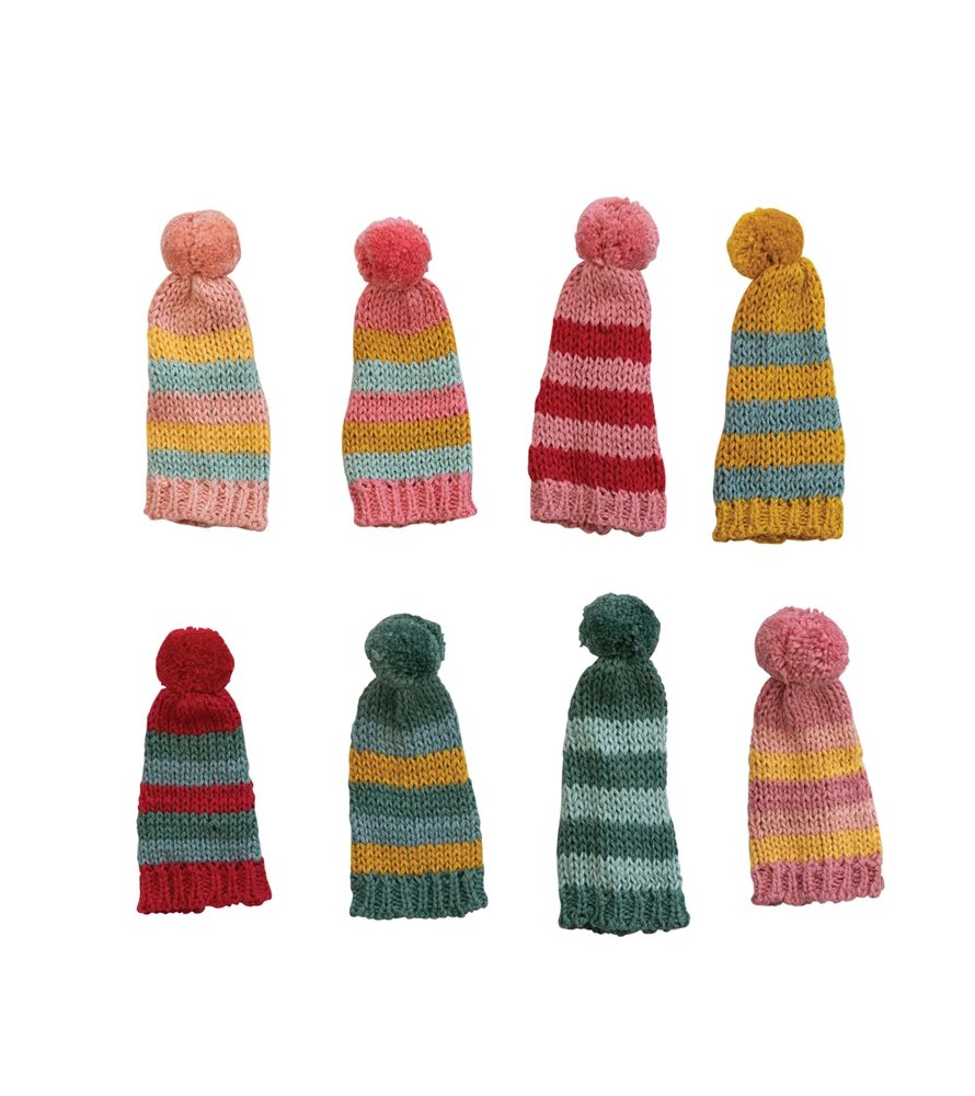 4"H COTTON KNIT HAT BOTTLE TOPPER W/STRIPES & POM POM, 8 Colors Gift Ideas Creative Coop   