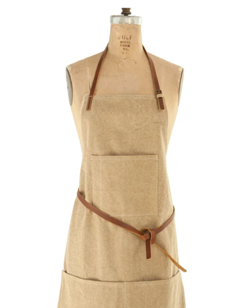 COTTON CANVAS APRON WITH POCKETS AND LEATHER TIES Aprons Creative Coop   