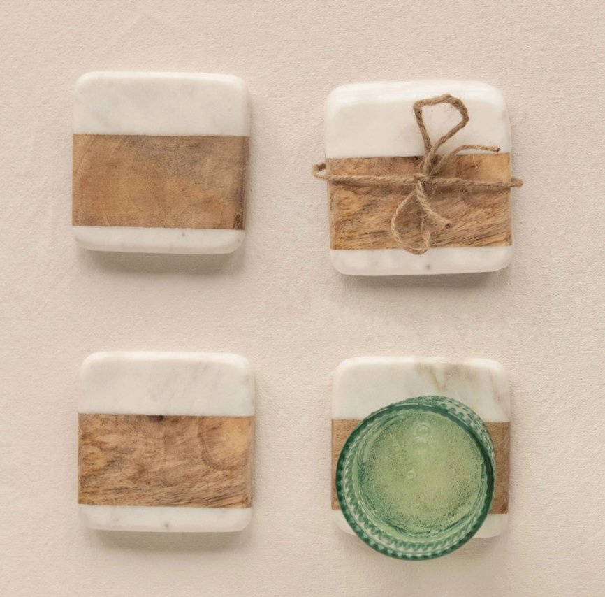 ACADIA WOOD & MARBLE FENCY COASTERS, SET OF 4 Dining-Kitchenware Creative Coop   