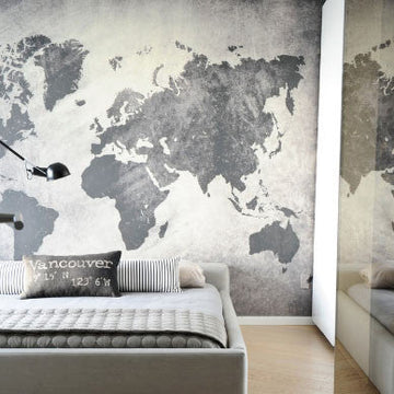 ART WORLD MAP MURAL GREY walldecor-wallmurals WYNIL Pre-Pasted Wallpaper 17.5' W x 8.5' H / 5.2m L x 2.5m H 