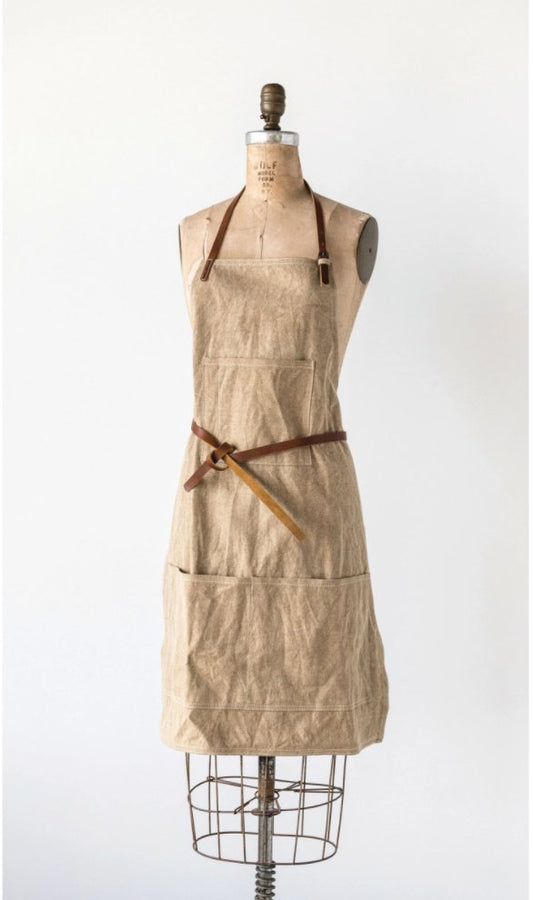 COTTON CANVAS APRON WITH POCKETS AND LEATHER TIES Aprons Creative Coop   