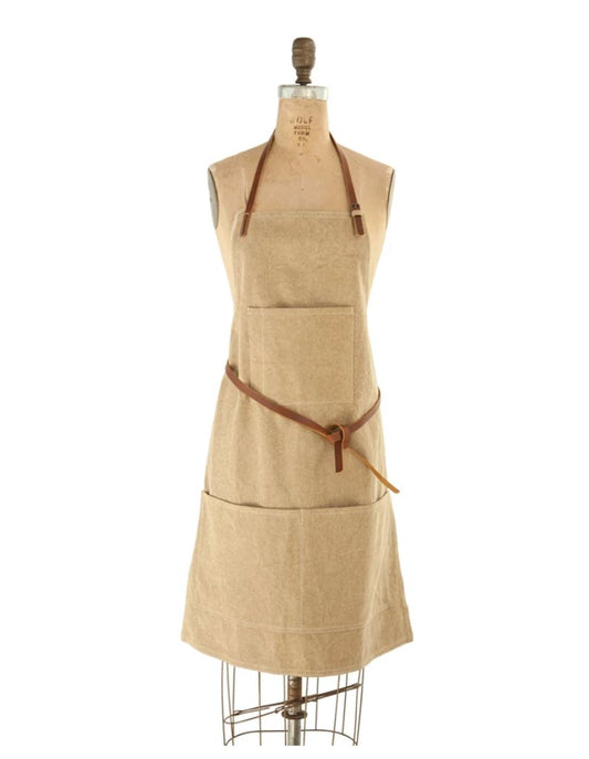 COTTON CANVAS APRON WITH POCKETS AND LEATHER TIES Aprons Creative Coop Stock  