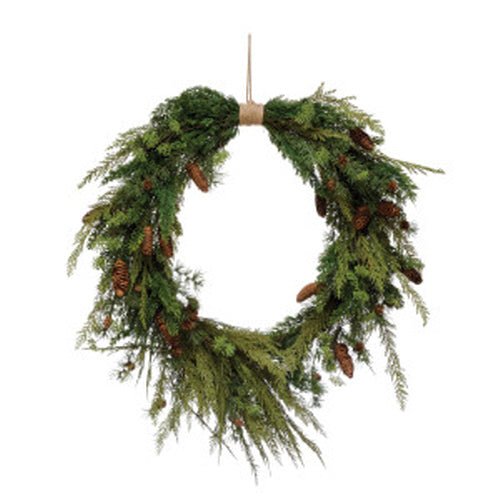 FAUX PINE WREATH WITH PINECONES & JUTE HANGER Christmas Decoration Creative Coop   