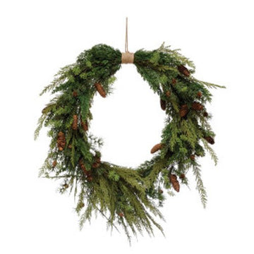 FAUX PINE WREATH WITH PINECONES & JUTE HANGER Christmas Decoration Creative Coop   