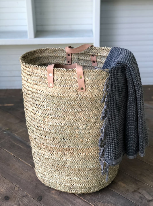 SEAGRASS LAUNDRY BASKET WITH  LEATHER HANDLES living-decorative-object Pepin Boho collab 18" x 13"  