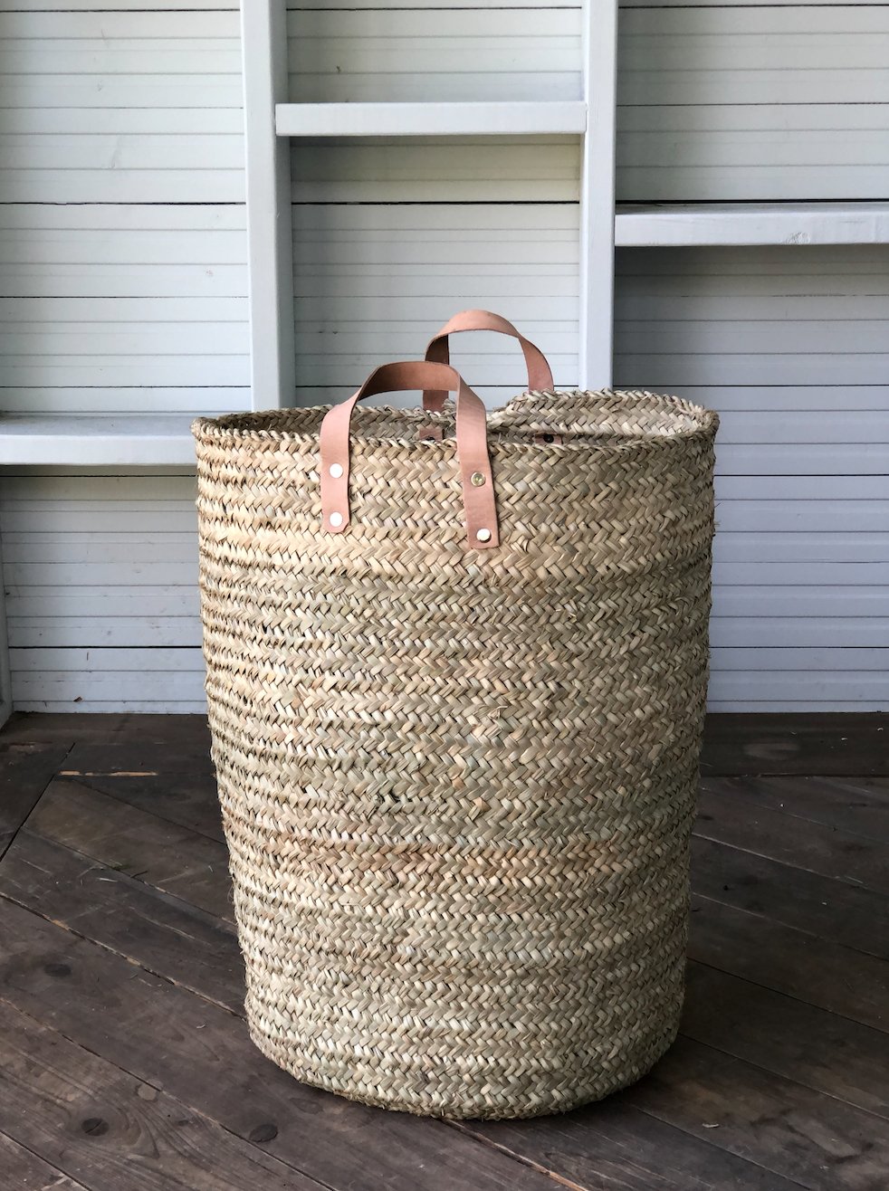 SEAGRASS LAUNDRY BASKET WITH  LEATHER HANDLES living-decorative-object Pepin Boho collab 22" X 16"  