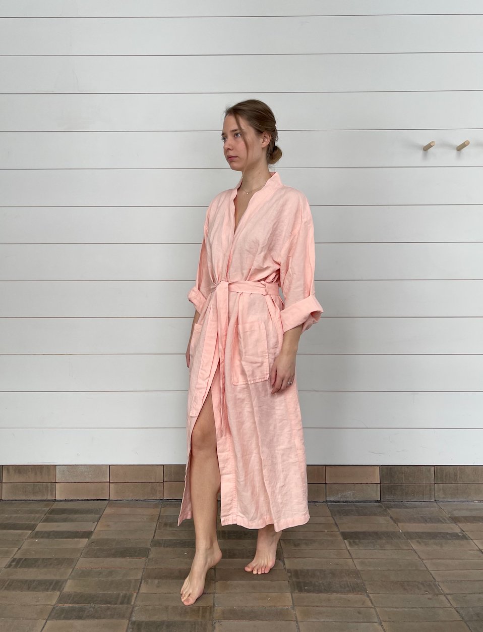 SOFT PINK LINEN BATHROBE KIMONO living-homeaccents onesky Soft Pink S\M IN STOCK