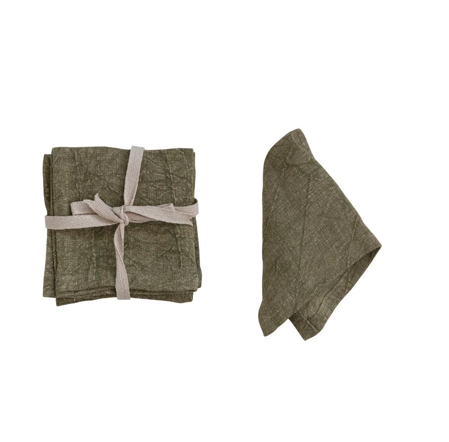 STONEWASHED LINEN COCKTAIL NAPKINS,  SET OF 4 Dining-Kitchenware Creative Coop Olive  