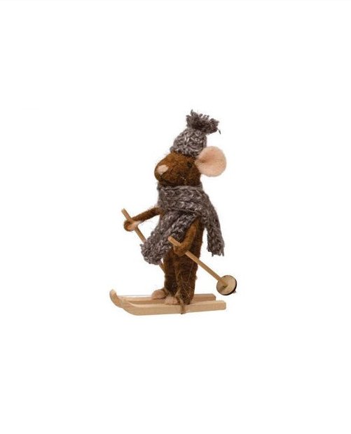 WOOL SKIING MICE FELT ORNEMENTS Gift Ideas Creative Coop Brown mouse with heather grey hat & scarf  