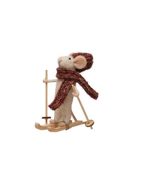 WOOL SKIING MICE FELT ORNEMENTS Gift Ideas Creative Coop White mouse with red hat & scarf  